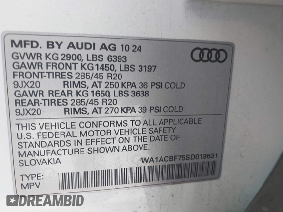 2025 Audi Q7 Premium with VIN WA1ACBF75SD019631, listed as a IAAI auction lot 42309555 with 7,435 mi miles and . Bid and sale history available at DreamBid. Image 9.