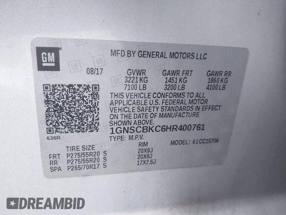 2017 Chevrolet Tahoe LT with VIN 1GNSCBKC6HR400761, listed as a IAAI auction lot 42612368 with 125,843 mi miles and . Bid and sale history available at DreamBid. Image 9.
