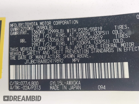 2011 Lexus RX 450h with VIN JTJBC1BA8B2419892, listed as a IAAI auction lot 41895740 with 132,428 mi miles and . Bid and sale history available at DreamBid. Image 9.