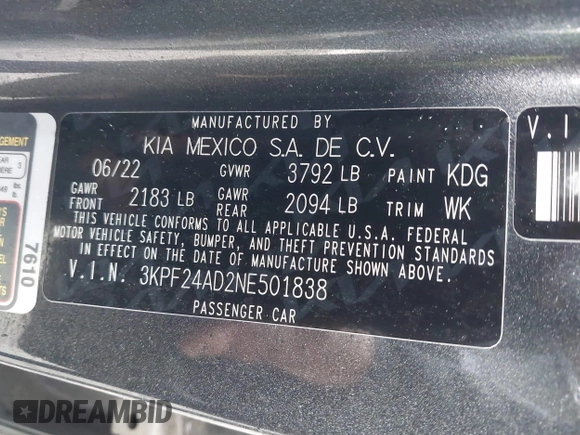 2022 Kia Forte LXS z VIN 3KPF24AD2NE501838, wystawiony jako IAAI lot #41022349 z przebiegiem 37 375 mil mil oraz . Historia ofert i sprzedaży dostępna na DreamBid. Obrazek 9.