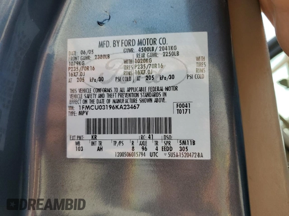 2006 Ford Escape XLT with VIN 1FMCU03196KA23467, listed as a Copart auction lot 56059295 with 162,314 mi miles and Salvage title. Bid and sale history available at DreamBid. Image 12.