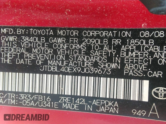 2009 Toyota Corolla with VIN JTDBL40EX9J039673, listed as a IAAI auction lot 42225733 with 167,167 mi miles and . Bid and sale history available at DreamBid. Image 9.