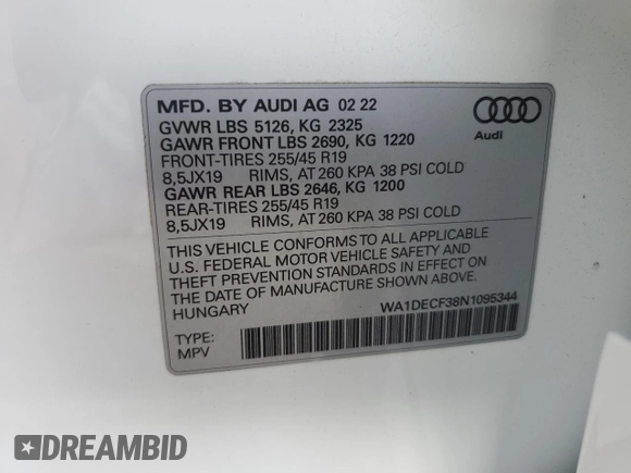 2022 Audi Q3 S line Premium with VIN WA1DECF38N1095344, listed as a Copart auction lot 43791725 with 16,261 mi miles and Salvage Title. Bid and sale history available at carsss.com. Image 16.