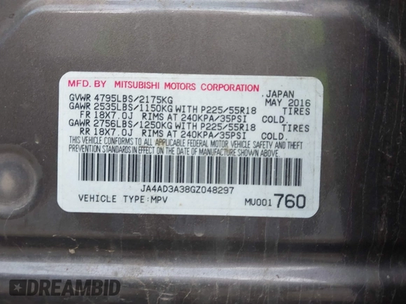 2016 Mitsubishi Outlander SE with VIN JA4AD3A38GZ048297, listed as a IAAI auction lot 42634676 with 223,715 mi miles and . Bid and sale history available at DreamBid. Image 9.