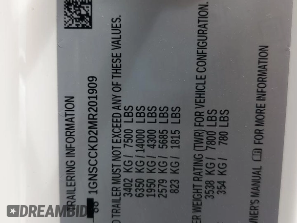 2021 Chevrolet Suburban LT z VIN 1GNSCCKD2MR201909, wystawiony jako Copart lot #54512375 z przebiegiem 121 487 mil mil oraz Szkoda całkowita • Salvage title. Historia ofert i sprzedaży dostępna na DreamBid. Obrazek 13.
