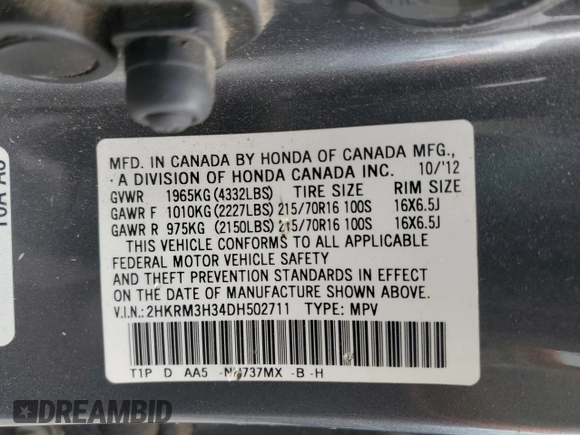 2013 Honda CR-V LX with VIN 2HKRM3H34DH502711, listed as a Copart auction lot 53884995 with 135,324 mi miles and Salvage Title. Bid and sale history available at carsss.com. Image 13.