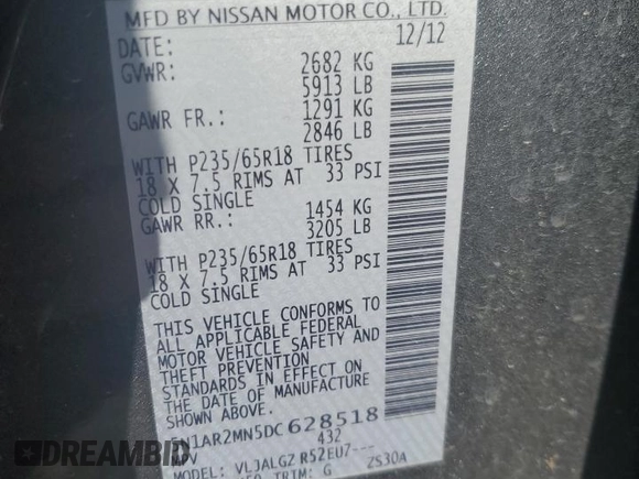 2013 Nissan Pathfinder SL with VIN 5N1AR2MN5DC628518, listed as a Copart auction lot 69506484 with 217,027 mi miles and Salvage Title. Bid and sale history available at DreamBid. Image 14.