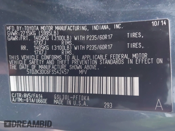 2015 Toyota Sienna L with VIN 5TDZK3DC6FS542457, listed as a IAAI auction lot 41072508 with 167,509 mi miles and . Bid and sale history available at DreamBid. Image 9.