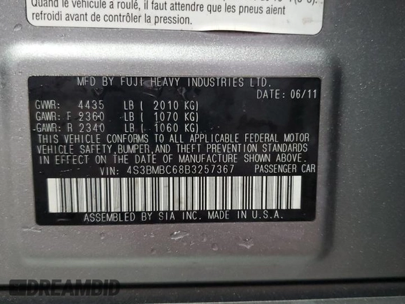 2011 Subaru Legacy Premium with VIN 4S3BMBC68B3257367, listed as a Copart auction lot 59809405 with 142,709 mi miles and Salvage title. Bid and sale history available at DreamBid. Image 12.