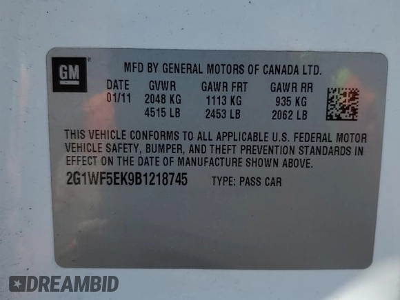 2011 Chevrolet Impala LS Fleet with VIN 2G1WF5EK9B1218745, listed as a Copart auction lot 52203825 with Not Provided miles and Salvage Title. Bid and sale history available at DreamBid. Image 12.
