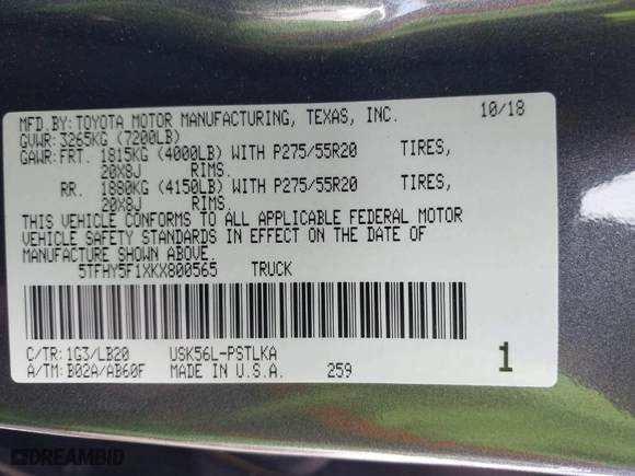 2019 Toyota Tundra 4WD SR5 with VIN 5TFHY5F1XKX800565, listed as a IAAI auction lot 41885751 with 39,370 mi miles. Bid and sale history available at carsss.com. Image 9.