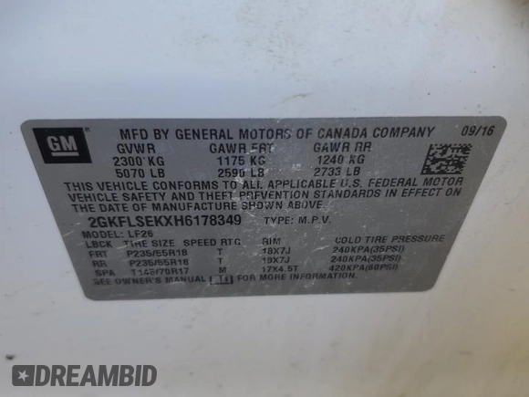 2017 GMC Terrain SLE with VIN 2GKFLSEKXH6178349, listed as a Copart auction lot 45025525 with 104,017 mi miles and Salvage Title. Bid and sale history available at DreamBid. Image 14.