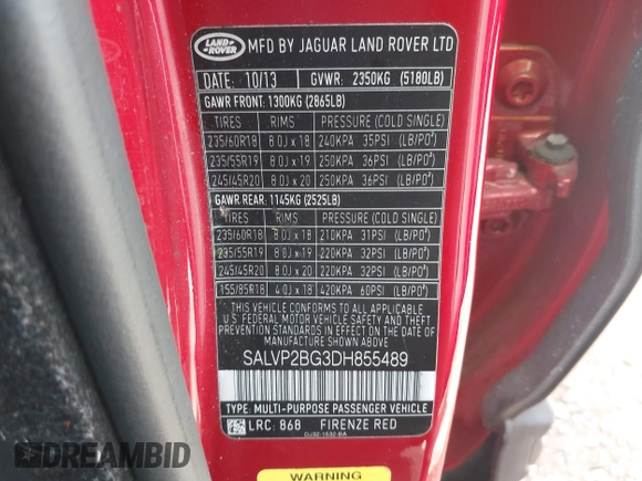 2013 Land Rover Range Rover Evoque Pure Plus с VIN SALVP2BG3DH855489, выставлен на аукционе IAAI как лот 42338826 с пробегом 162 341 миль миль и . История ставок и продаж доступна на DreamBid. Изображение 9.