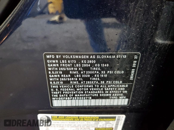 2014 Volkswagen Touareg Sport with VIN WVGEF9BP2ED002718, listed as a Copart auction lot 59526575 with 194,480 mi miles and Non repairable. Bid and sale history available at DreamBid. Image 14.