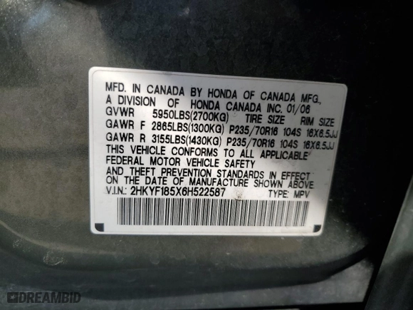 2006 Honda Pilot EX-L with VIN 2HKYF185X6H522587, listed as a Copart auction lot 48249105 with 291,247 mi miles and Salvage Title. Bid and sale history available at carsss.com. Image 15.