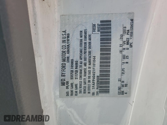 2001 Ford Mustang Standard с VIN 1FAFP40421F101044, выставлен на аукционе Copart как лот 52943495 с пробегом 209 408 миль миль и Списание • Salvage title. История ставок и продаж доступна на DreamBid. Изображение 13.