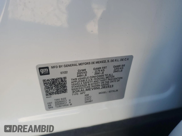 2022 GMC Terrain SLE with VIN 3GKALMEV9NL281513, listed as a Copart auction lot 74484124 with 31,923 mi miles and Salvage Title. Bid and sale history available at carsss.com. Image 13.