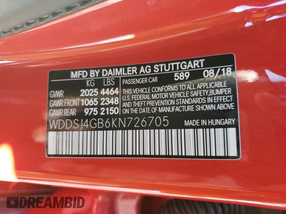 2019 Mercedes-Benz CLA 250 with VIN WDDSJ4GB6KN726705, listed as a Copart auction lot 47318045 with 54,141 mi miles and Salvage Title. Bid and sale history available at DreamBid. Image 12.