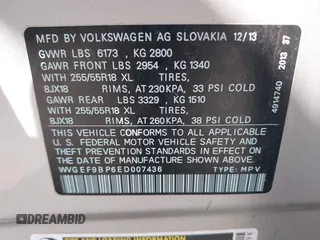 2014 Volkswagen Touareg Sport with VIN WVGEF9BP6ED007436, listed as a IAAI auction lot 41953307 with 114,925 mi miles and . Bid and sale history available at DreamBid. Image 9.