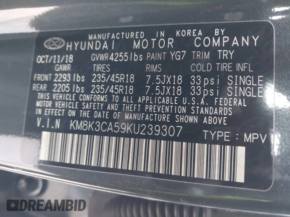 2019 Hyundai Kona Limited with VIN KM8K3CA59KU239307, listed as a IAAI auction lot 41607380 with 42,454 mi miles. Bid and sale history available at carsss.com. Image 9.