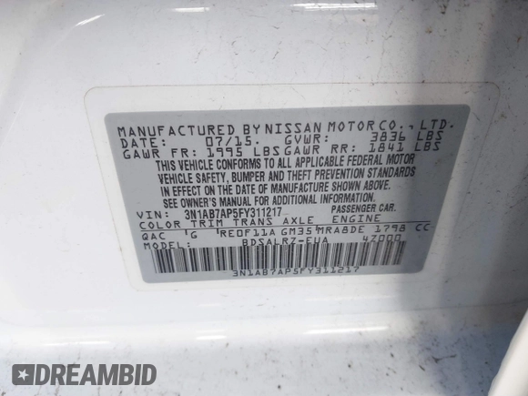 2015 Nissan Sentra SR with VIN 3N1AB7AP5FY311217, listed as a IAAI auction lot 41801308 with 124,266 mi miles and . Bid and sale history available at DreamBid. Image 9.