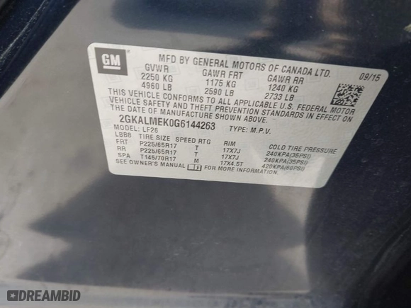 2016 GMC Terrain SLE with VIN 2GKALMEK0G6144263, listed as a IAAI auction lot 41844373 with 154,472 mi miles. Bid and sale history available at carsss.com. Image 9.