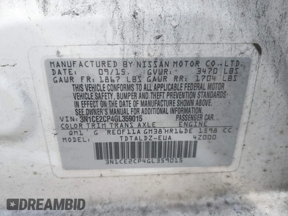 2016 Nissan Note S Plus with VIN 3N1CE2CP4GL359015, listed as a IAAI auction lot 41487033 with 171,015 mi miles and . Bid and sale history available at DreamBid. Image 9.