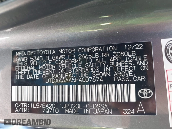 2023 Toyota Mirai XLE with VIN JTDAAAAA5PA007674, listed as a IAAI auction lot 41845185 with 18,170 mi miles. Bid and sale history available at carsss.com. Image 9.