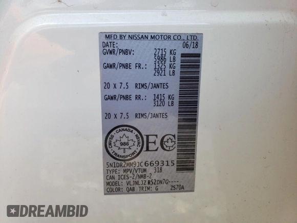 2018 Nissan Pathfinder SV z VIN 5N1DR2MM9JC669315, wystawiony jako Copart lot #53186005 z przebiegiem 188 420 mil mil oraz Szkoda całkowita • Salvage title. Historia ofert i sprzedaży dostępna na DreamBid. Obrazek 13.