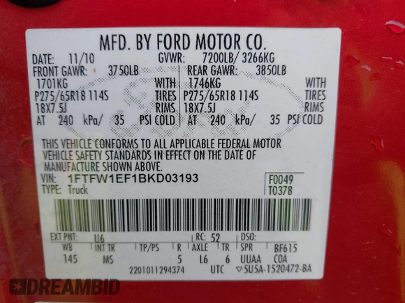 2011 Ford F-150 XL with VIN 1FTFW1EF1BKD03193, listed as a IAAI auction lot 42090279 with 311,253 mi miles and . Bid and sale history available at DreamBid. Image 9.