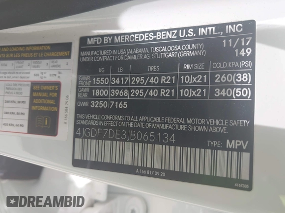 2018 Mercedes-Benz GLS 550 with VIN 4JGDF7DE3JB065134, listed as a IAAI auction lot 42507274 with 63,988 mi miles and . Bid and sale history available at DreamBid. Image 9.