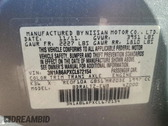 2012 Nissan Sentra SR with VIN 3N1AB6APXCL672154, listed as a Copart auction lot 51246265 with 97,646 mi miles and Salvage Title. Bid and sale history available at DreamBid. Image 12.