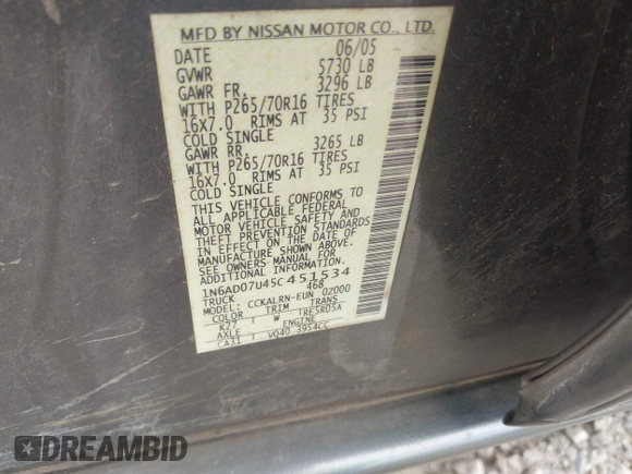 2005 Nissan Frontier LE with VIN 1N6AD07U45C451534, listed as a IAAI auction lot 42643704 with 233,237 mi miles and . Bid and sale history available at DreamBid. Image 9.