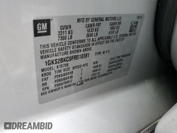 2015 GMC Yukon SLT with VIN 1GKS2BKC9FR518381, listed as a Copart auction lot 66352864 with 103,419 mi miles and Salvage Title. Bid and sale history available at DreamBid. Image 13.