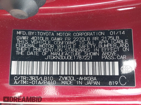 2014 Toyota Prius Four z VIN JTDKN3DU0E1787221, wystawiony jako IAAI lot #42265691 z przebiegiem 185 247 mil mil oraz . Historia ofert i sprzedaży dostępna na DreamBid. Obrazek 9.