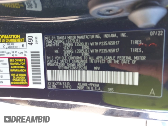 2022 Toyota Sienna XLE with VIN 5TDYRKEC2NS125318, listed as a IAAI auction lot 41764720 with 125,276 mi miles. Bid and sale history available at carsss.com. Image 9.
