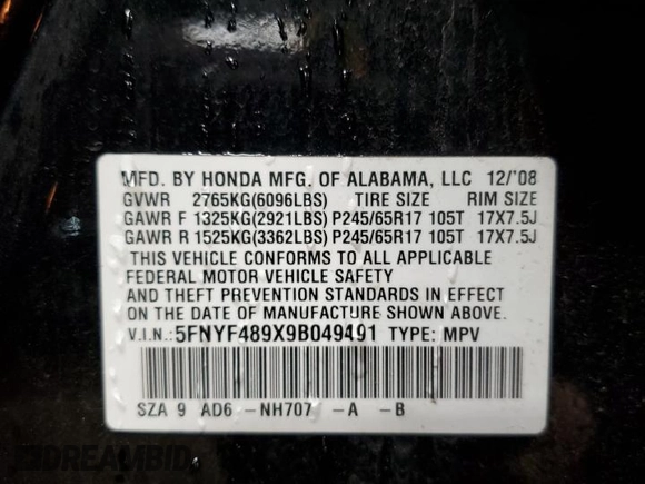 2009 Honda Pilot Touring with VIN 5FNYF489X9B049491, listed as a Copart auction lot 51978955 with 152,661 mi miles and Salvage Title. Bid and sale history available at carsss.com. Image 12.