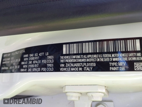 2020 Jeep Renegade Altitude with VIN ZACNJABB7LPL91859, listed as a IAAI auction lot 42038889 with 67,133 mi miles and . Bid and sale history available at DreamBid. Image 9.