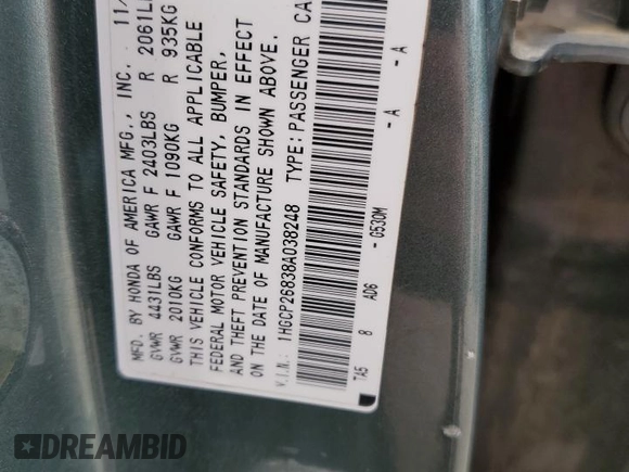 2008 Honda Accord EX-L z VIN 1HGCP26838A038248, wystawiony jako Copart lot #57145655 z przebiegiem 169 468 mil mil oraz Szkoda całkowita • Salvage title. Historia ofert i sprzedaży dostępna na DreamBid. Obrazek 12.