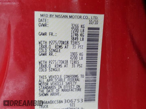 2011 Nissan Titan Pro-4X with VIN 1N6BA0EC5BN306753, listed as a Copart auction lot 49552545 with 176,617 mi miles and Salvage title. Bid and sale history available at DreamBid. Image 15.