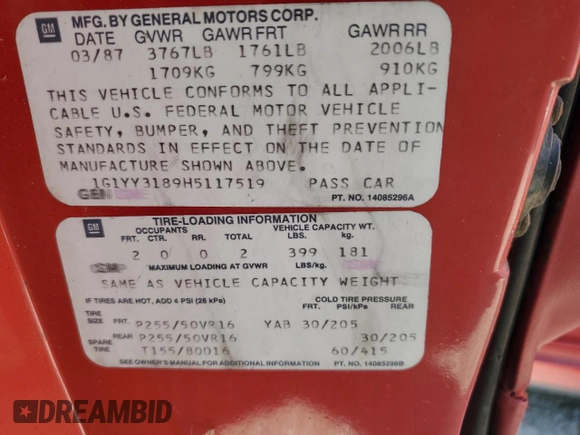 1987 Chevrolet Corvette with VIN 1G1YY3189H5117519, listed as a Copart auction lot 41817475 with 56,498 mi miles and Salvage Title. Bid and sale history available at carsss.com. Image 12.