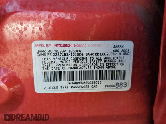 2009 Mitsubishi Lancer GTS with VIN JA3AU86W89U026093, listed as a Copart auction lot 69822654 with 159,845 mi miles and Salvage Title. Bid and sale history available at carsss.com. Image 15.