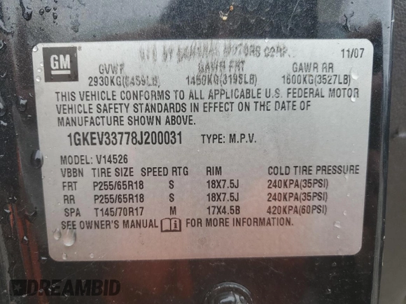 2008 GMC Acadia SLT2 with VIN 1GKEV33778J200031, listed as a Copart auction lot 81186984 with 151,857 mi miles and Salvage Title. Bid and sale history available at DreamBid. Image 13.