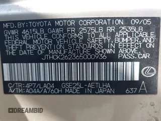 2006 Lexus IS 250 z VIN JTHCK262365000936, wystawiony jako IAAI lot #42157605 z przebiegiem 119 911 mil mil oraz . Historia ofert i sprzedaży dostępna na DreamBid. Obrazek 9.