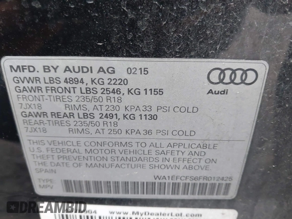 2015 Audi Q3 Premium Plus z VIN WA1EFCFS6FR012425, wystawiony jako IAAI lot #42042484 z przebiegiem 139 012 mil mil oraz . Historia ofert i sprzedaży dostępna na DreamBid. Obrazek 9.