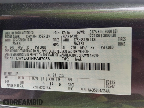 2017 Ford F-150 XL with VIN 1FTEW1EG1HFA57056, listed as a IAAI auction lot 42208792 with 158,973 mi miles and . Bid and sale history available at DreamBid. Image 9.