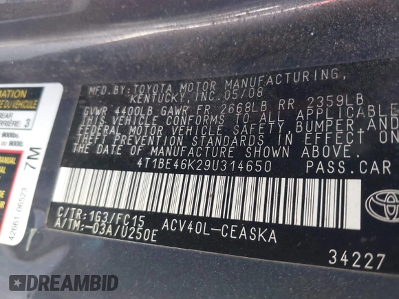 2009 Toyota Camry with VIN 4T1BE46K29U314650, listed as a IAAI auction lot 42058495 with 248,223 mi miles. Bid and sale history available at carsss.com. Image 9.