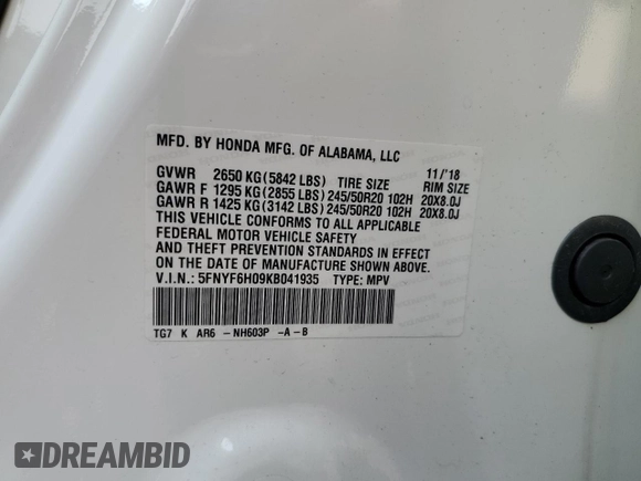 2019 Honda Pilot Elite with VIN 5FNYF6H09KB041935, listed as a Copart auction lot 60530515 with 57,526 mi miles and Salvage title. Bid and sale history available at DreamBid. Image 13.