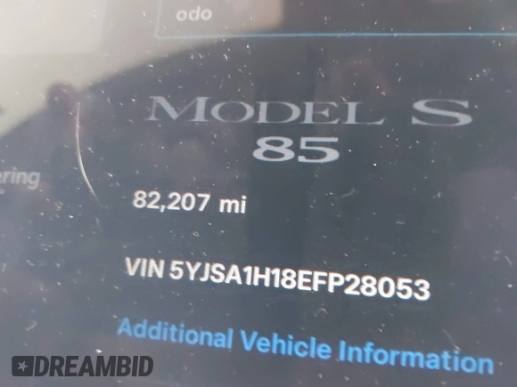 2014 Tesla Model S 60 with VIN 5YJSA1H18EFP28053, listed as a IAAI auction lot 41191521 with 82,207 mi miles and . Bid and sale history available at DreamBid. Image 7.