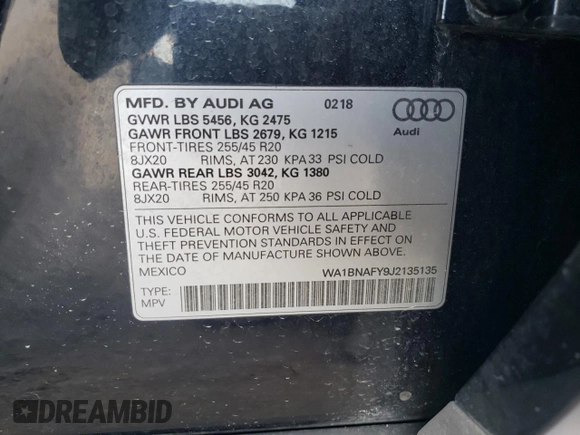2018 Audi Q5 Premium Plus with VIN WA1BNAFY9J2135135, listed as a Copart auction lot 66545142 with 47,006 mi miles. Bid and sale history available at carsss.com. Image 10.